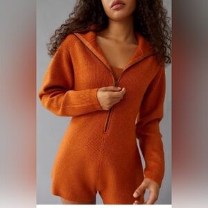 Urban outfitters orange cozy knit half zip romper